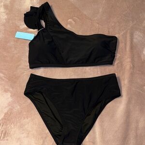 Black One-Shoulder Women's Swim Set